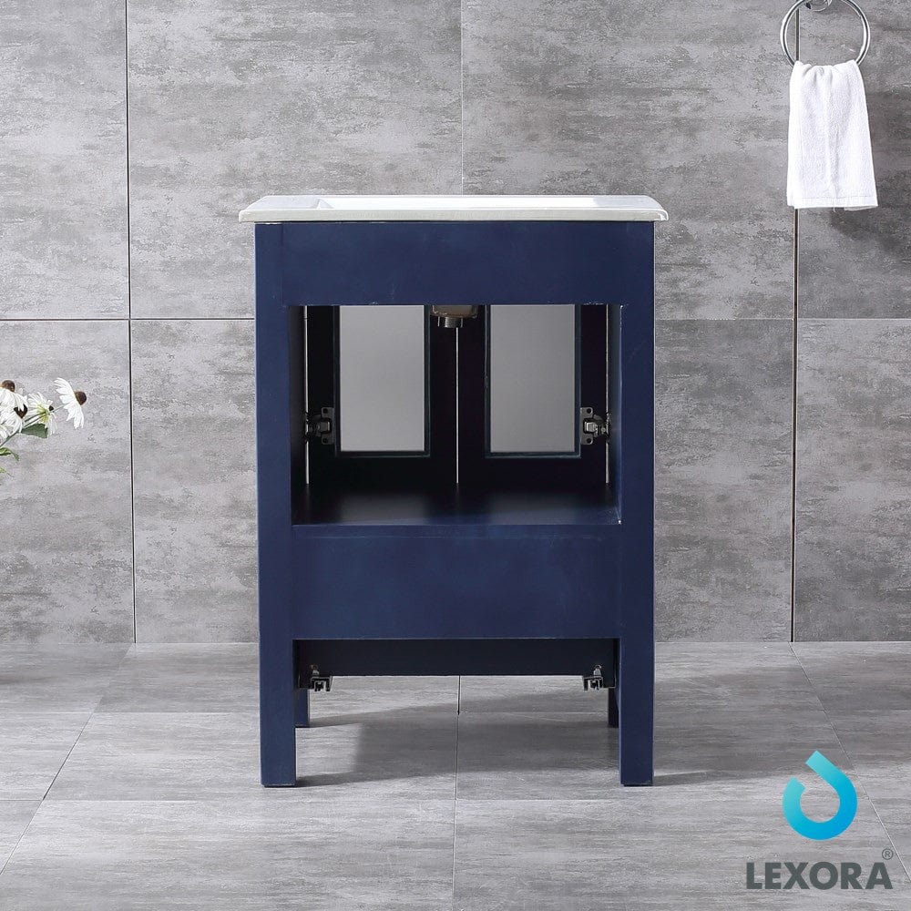 Lexora Volez 24" Navy Blue Single Vanity Set | Integrated Ceramic Top | White Ceramic Integrated Square Sink | 22" Mirror