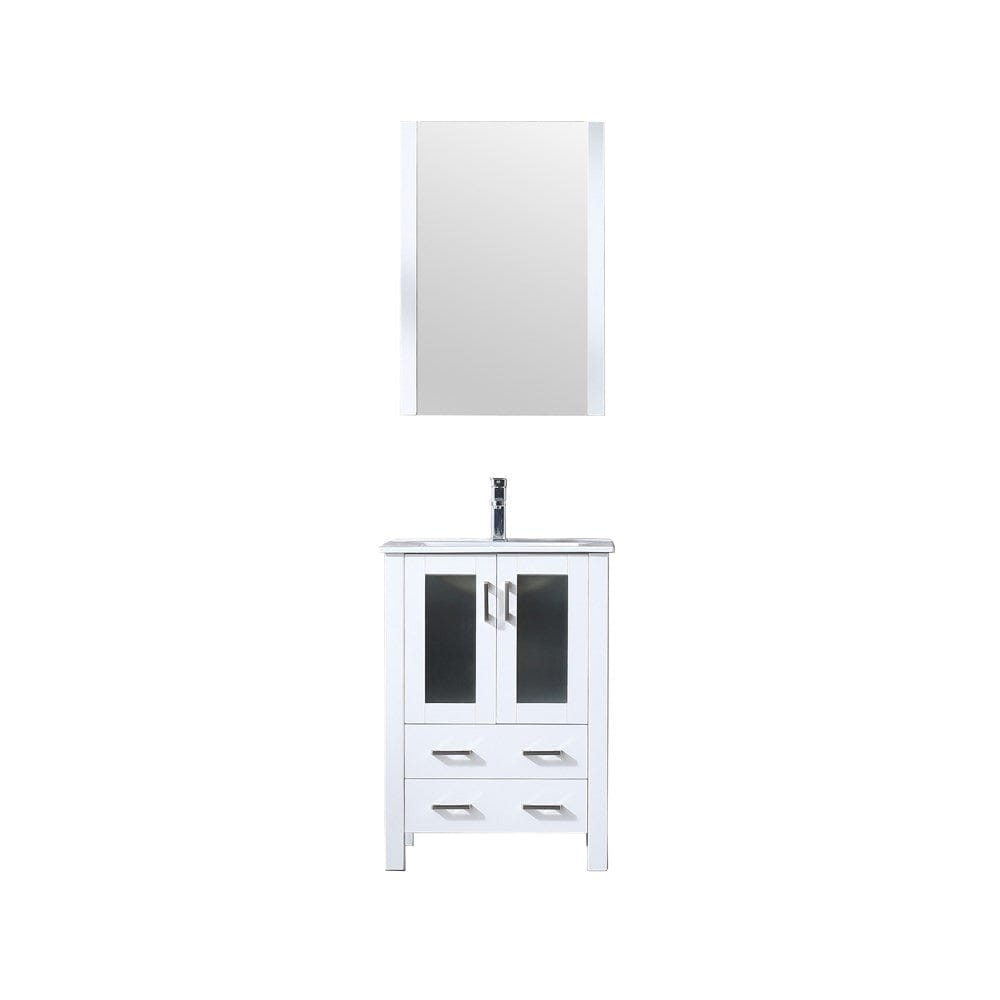 Lexora Volez 24" White Single Vanity Set | Integrated Ceramic Top | White Ceramic Integrated Square Sink | 22" Mirror