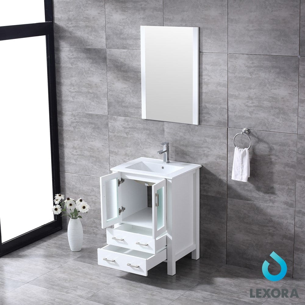 Lexora Volez 24" White Single Vanity Set | Integrated Ceramic Top | White Ceramic Integrated Square Sink | 22" Mirror