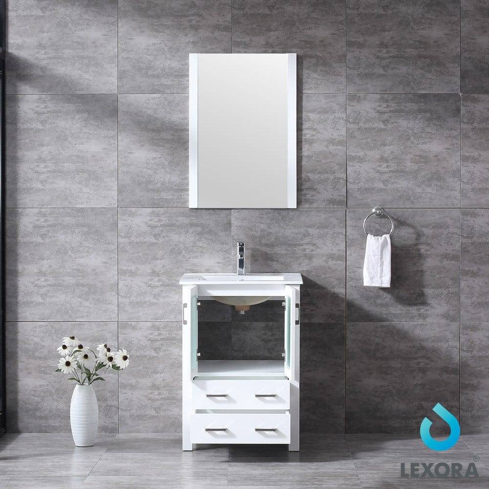 Lexora Volez 24" White Single Vanity Set | Integrated Ceramic Top | White Ceramic Integrated Square Sink | 22" Mirror