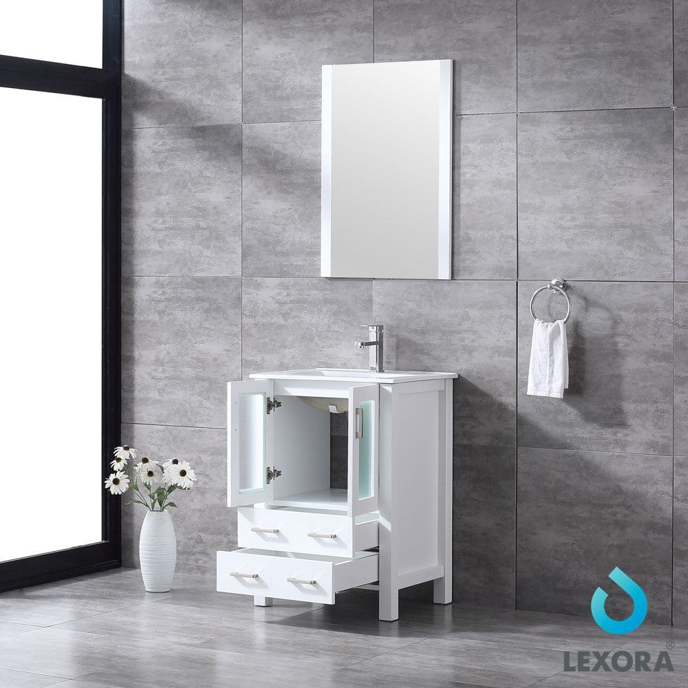 Lexora Volez 24" White Single Vanity Set | Integrated Ceramic Top | White Ceramic Integrated Square Sink | 22" Mirror