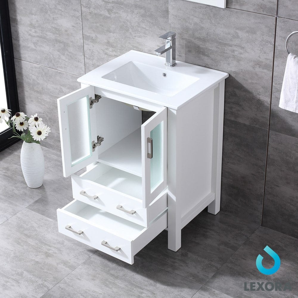 Lexora Volez 24" White Single Vanity Set | Integrated Ceramic Top | White Ceramic Integrated Square Sink | 22" Mirror