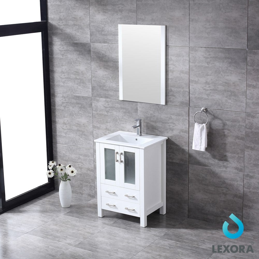 Lexora Volez 24" White Single Vanity Set | Integrated Ceramic Top | White Ceramic Integrated Square Sink | 22" Mirror