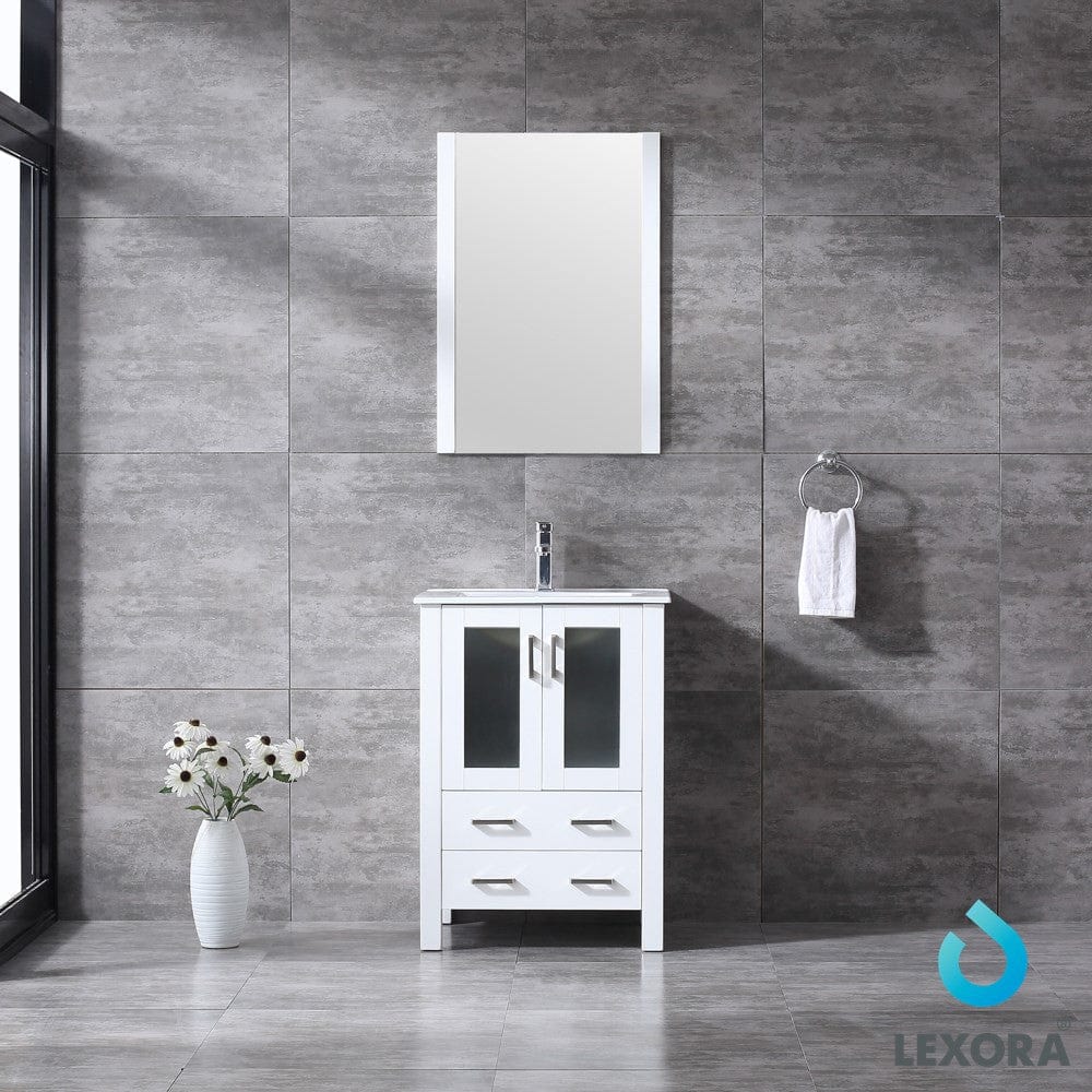 Lexora Volez 24" White Single Vanity Set | Integrated Ceramic Top | White Ceramic Integrated Square Sink | 22" Mirror