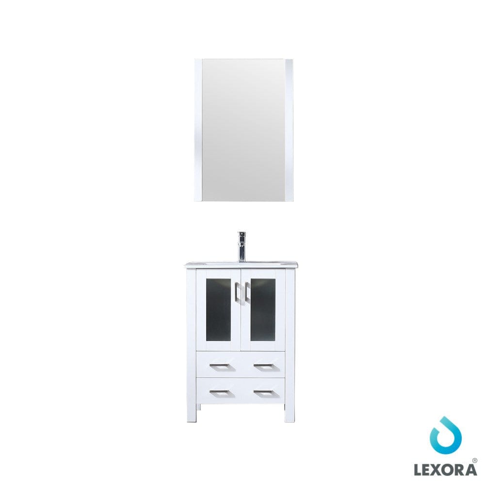 Lexora Volez 24" White Single Vanity Set | Integrated Ceramic Top | White Ceramic Integrated Square Sink | 22" Mirror