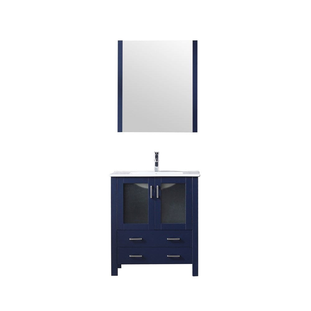 Lexora Volez 30" Navy Blue Single Vanity Set | Integrated Ceramic Top | White Ceramic Integrated Square Sink | 28" Mirror