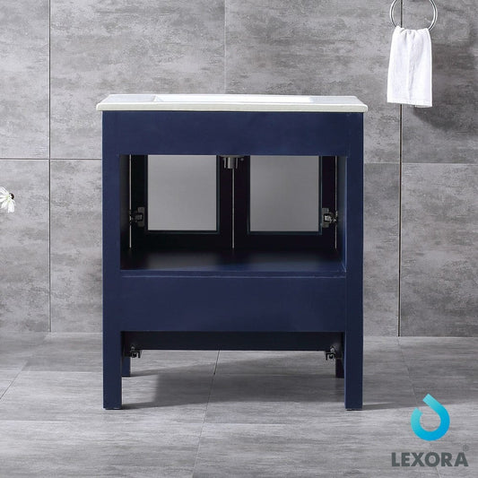 Lexora Volez 30" Navy Blue Single Vanity Set | Integrated Ceramic Top | White Ceramic Integrated Square Sink | 28" Mirror