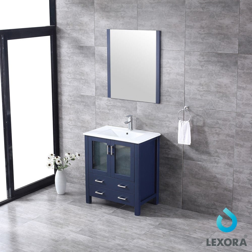 Lexora Volez 30" Navy Blue Single Vanity Set | Integrated Ceramic Top | White Ceramic Integrated Square Sink | 28" Mirror