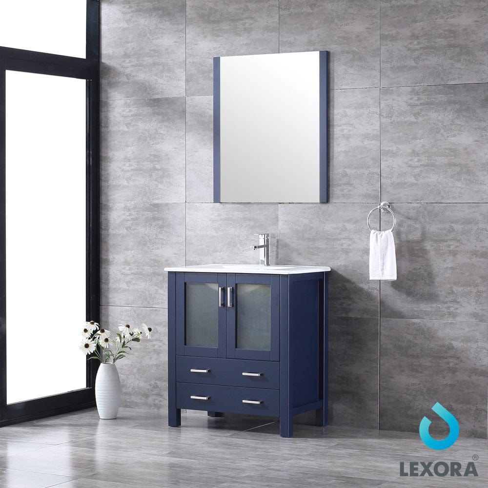 Lexora Volez 30" Navy Blue Single Vanity Set | Integrated Ceramic Top | White Ceramic Integrated Square Sink | 28" Mirror