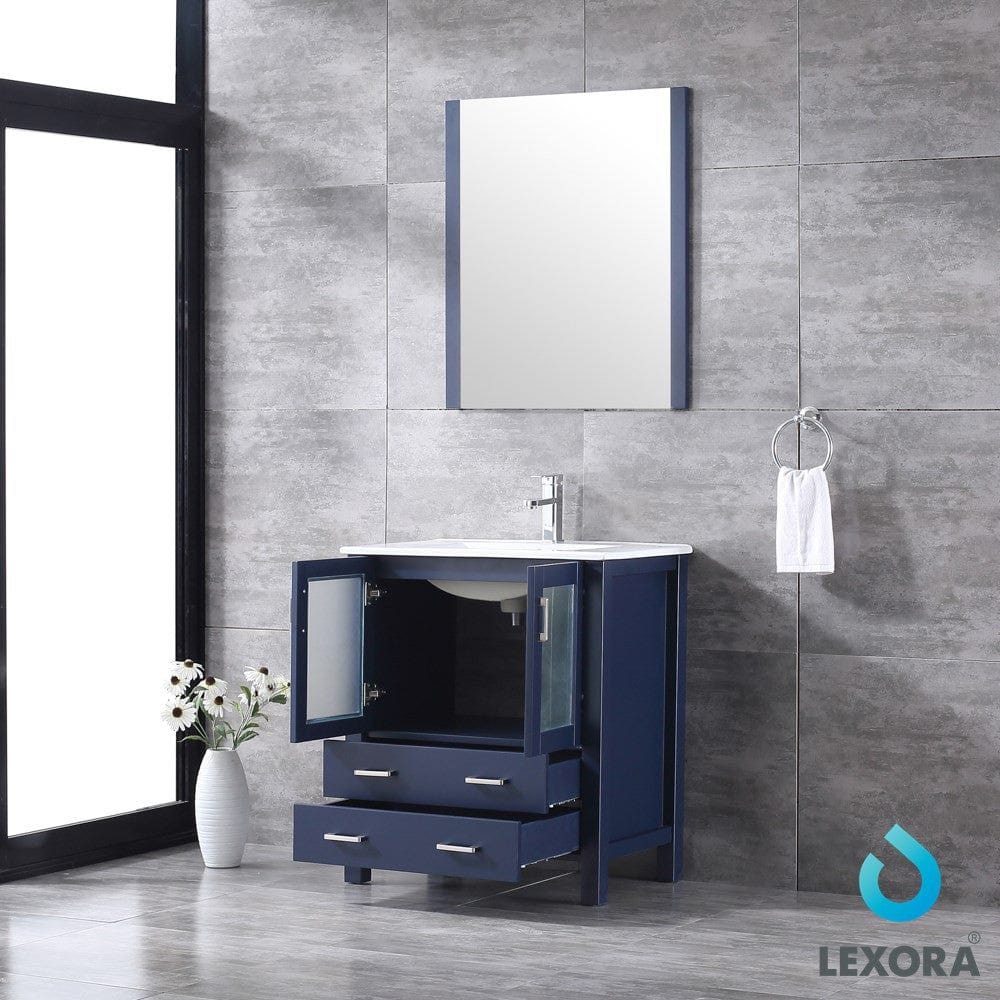 Lexora Volez 30" Navy Blue Single Vanity Set | Integrated Ceramic Top | White Ceramic Integrated Square Sink | 28" Mirror