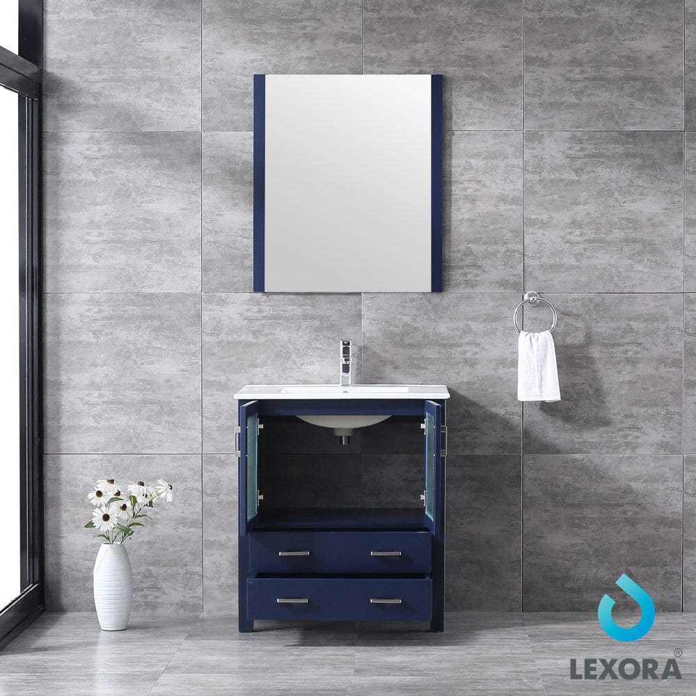 Lexora Volez 30" Navy Blue Single Vanity Set | Integrated Ceramic Top | White Ceramic Integrated Square Sink | 28" Mirror