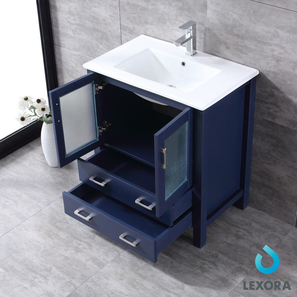 Lexora Volez 30" Navy Blue Single Vanity Set | Integrated Ceramic Top | White Ceramic Integrated Square Sink | 28" Mirror