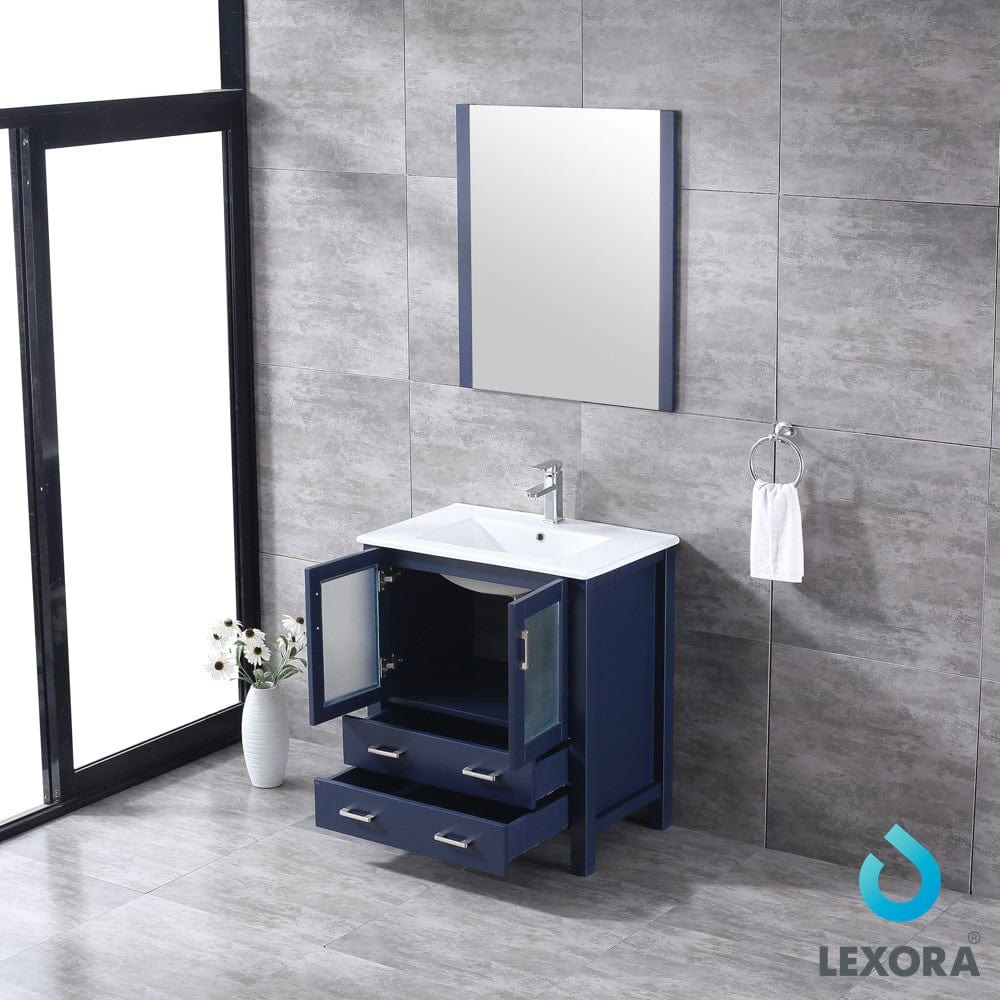 Lexora Volez 30" Navy Blue Single Vanity Set | Integrated Ceramic Top | White Ceramic Integrated Square Sink | 28" Mirror