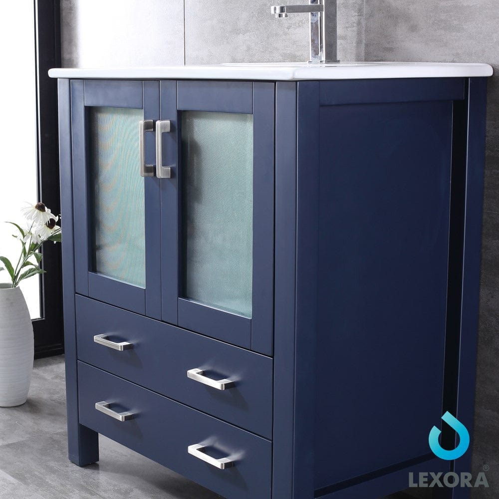 Lexora Volez 30" Navy Blue Single Vanity Set | Integrated Ceramic Top | White Ceramic Integrated Square Sink | 28" Mirror