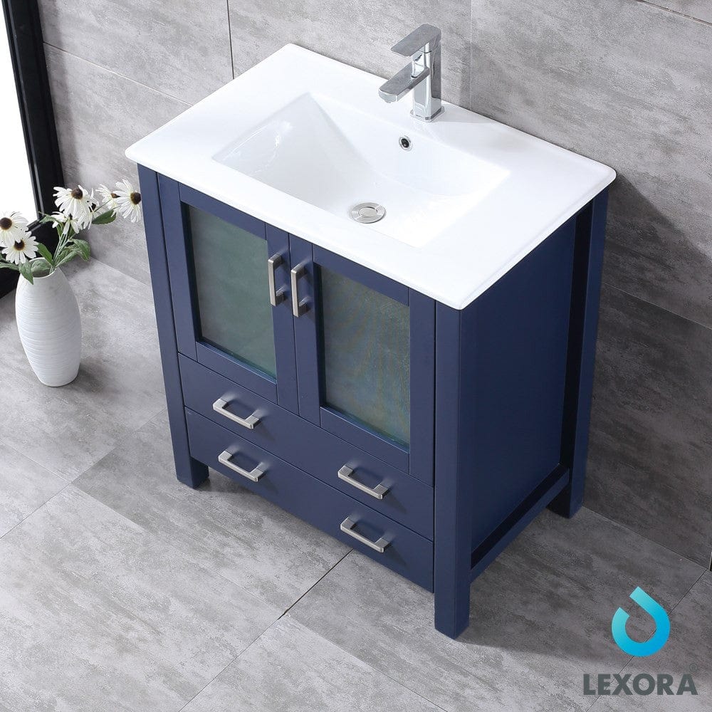 Lexora Volez 30" Navy Blue Single Vanity Set | Integrated Ceramic Top | White Ceramic Integrated Square Sink | 28" Mirror