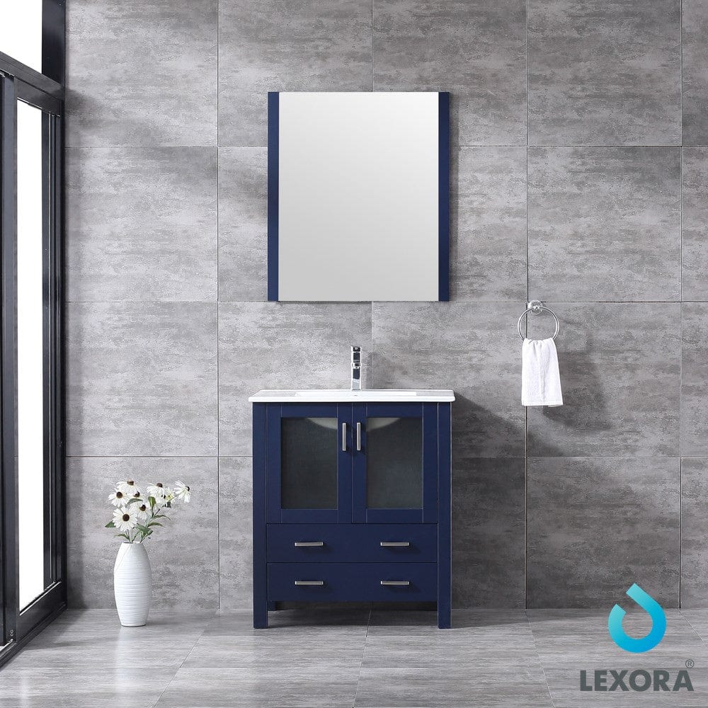 Lexora Volez 30" Navy Blue Single Vanity Set | Integrated Ceramic Top | White Ceramic Integrated Square Sink | 28" Mirror