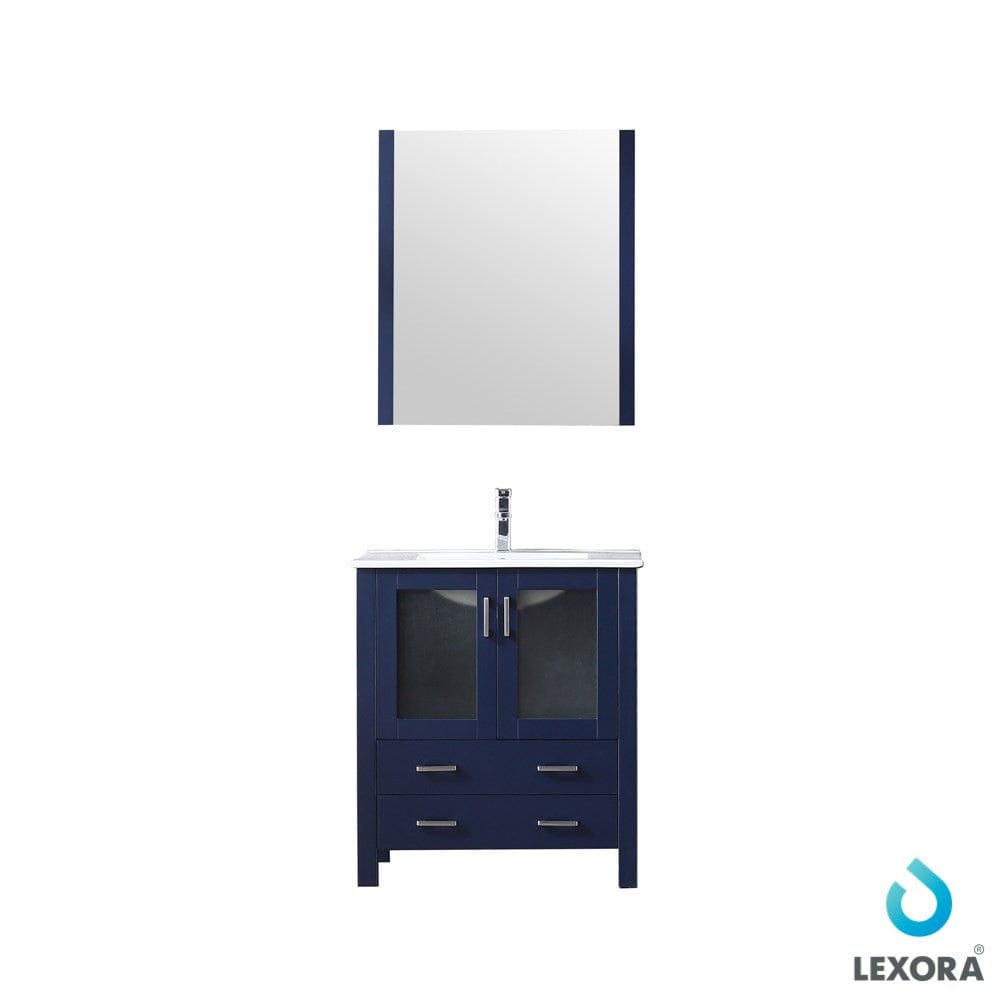 Lexora Volez 30" Navy Blue Single Vanity Set | Integrated Ceramic Top | White Ceramic Integrated Square Sink | 28" Mirror