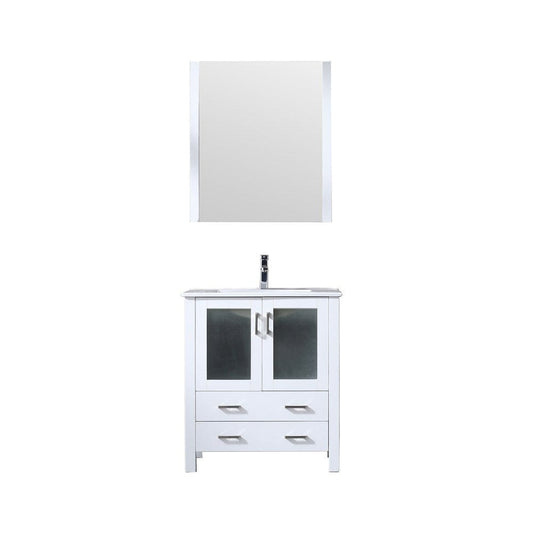 Lexora Vanities Lexora Volez 30" White Single Vanity Set | Integrated Ceramic Top | White Ceramic Integrated Square Sink | 28" Mirror