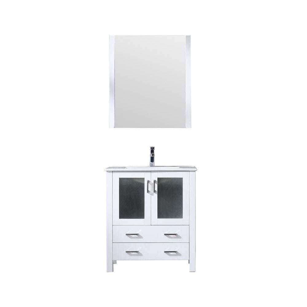 Lexora Volez 30" White Single Vanity Set | Integrated Ceramic Top | White Ceramic Integrated Square Sink | 28" Mirror