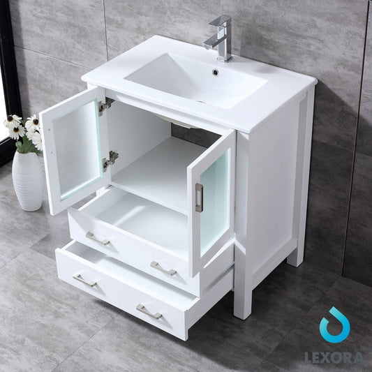 Lexora Volez 30" White Single Vanity Set | Integrated Ceramic Top | White Ceramic Integrated Square Sink | 28" Mirror