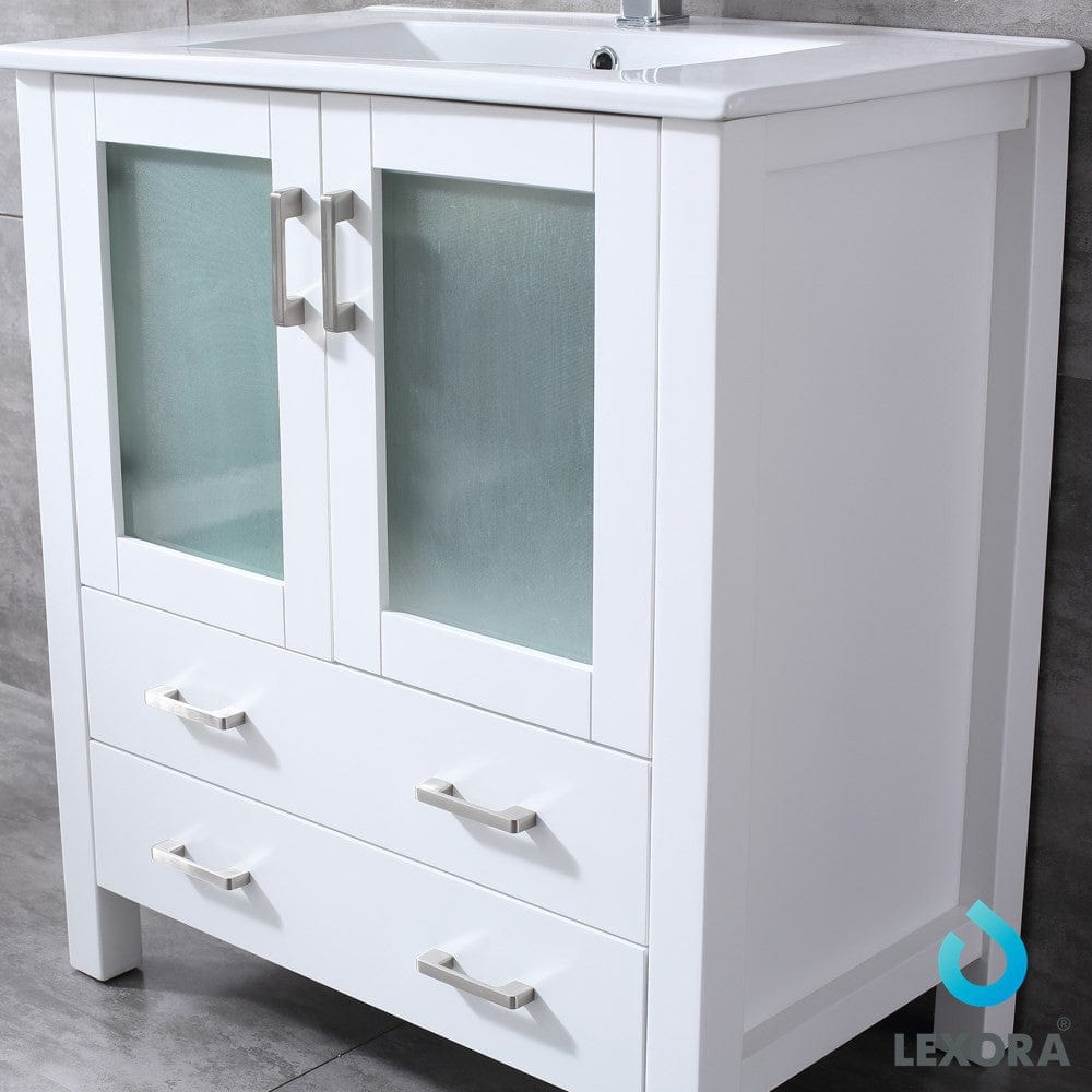 Lexora Volez 30" White Single Vanity Set | Integrated Ceramic Top | White Ceramic Integrated Square Sink | 28" Mirror