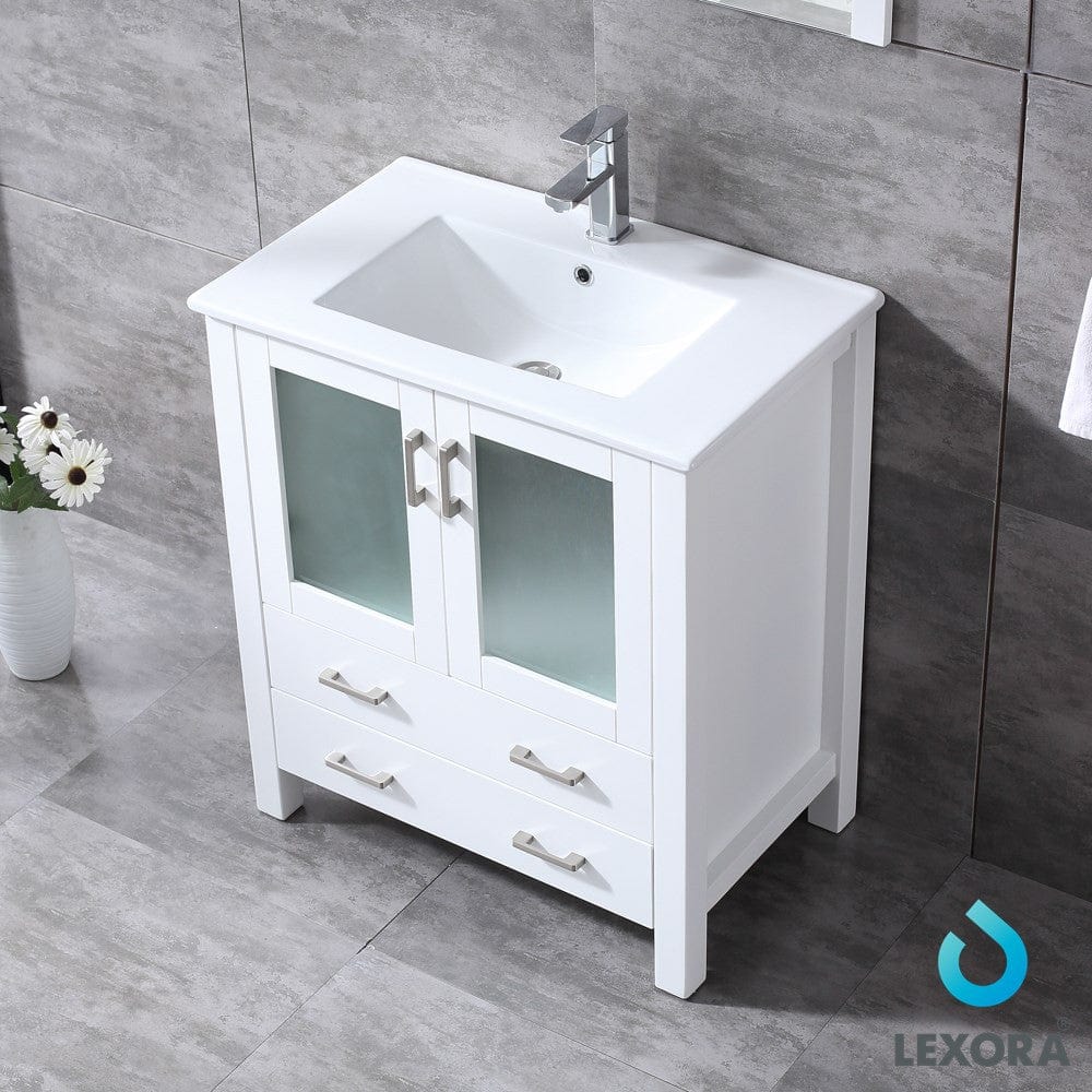 Lexora Volez 30" White Single Vanity Set | Integrated Ceramic Top | White Ceramic Integrated Square Sink | 28" Mirror