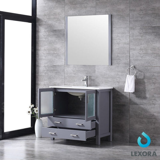 Lexora Volez 36" Dark Grey Single Vanity Set | Integrated Ceramic Top | White Ceramic Integrated Square Sink | 34" Mirror