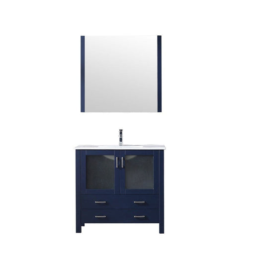 Lexora Volez 36" Navy Blue Single Vanity Set | Integrated Ceramic Top | White Ceramic Integrated Square Sink | 34" Mirror