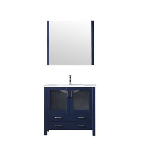 Lexora Volez 36 Navy Blue Single Vanity Set | Integrated Ceramic Top | White Ceramic Integrated Square Sink | 34 Mirror