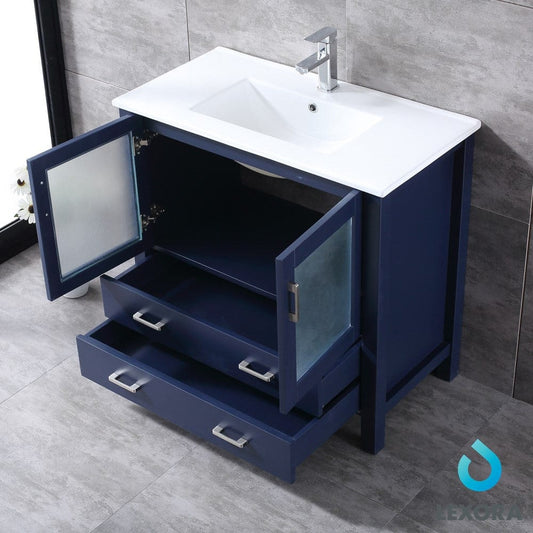 Lexora Volez 36" Navy Blue Single Vanity Set | Integrated Ceramic Top | White Ceramic Integrated Square Sink | 34" Mirror