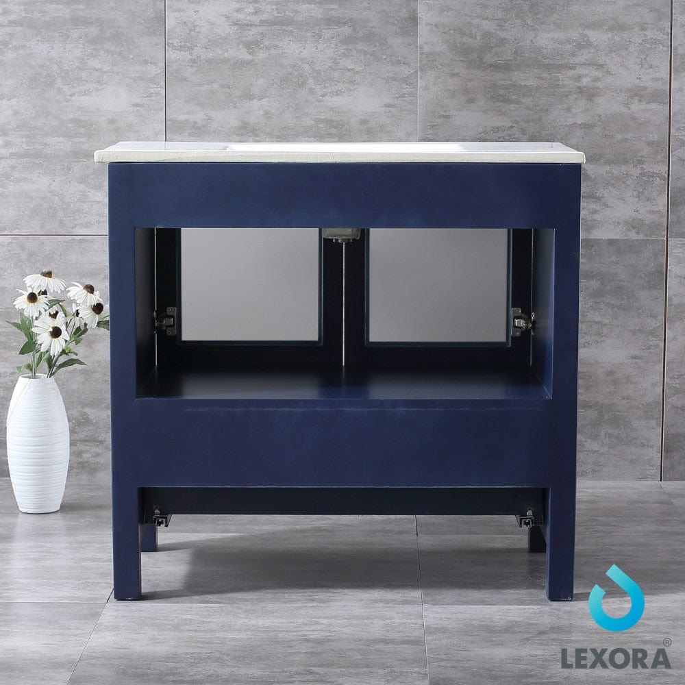 Lexora Volez 36" Navy Blue Single Vanity Set | Integrated Ceramic Top | White Ceramic Integrated Square Sink | 34" Mirror