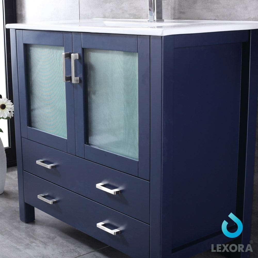 Lexora Volez 36" Navy Blue Single Vanity Set | Integrated Ceramic Top | White Ceramic Integrated Square Sink | 34" Mirror