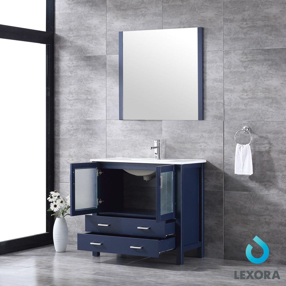 Lexora Volez 36" Navy Blue Single Vanity Set | Integrated Ceramic Top | White Ceramic Integrated Square Sink | 34" Mirror