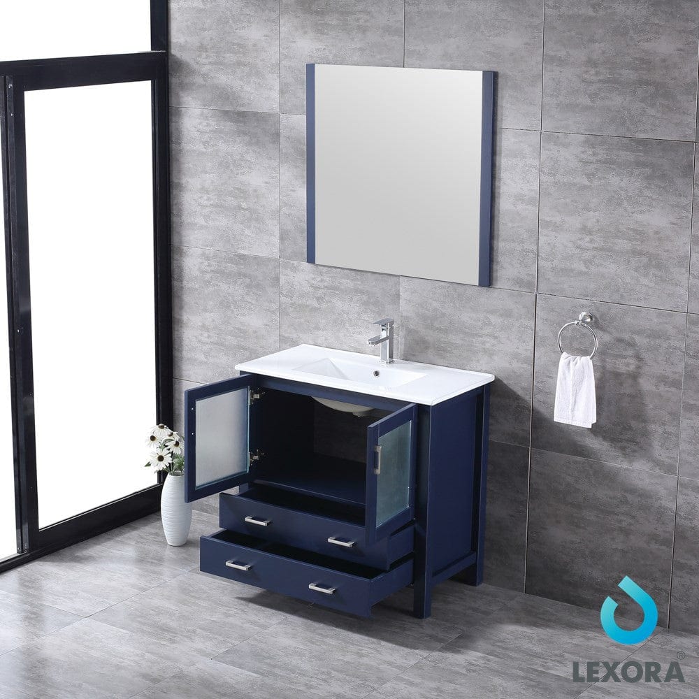 Lexora Volez 36" Navy Blue Single Vanity Set | Integrated Ceramic Top | White Ceramic Integrated Square Sink | 34" Mirror