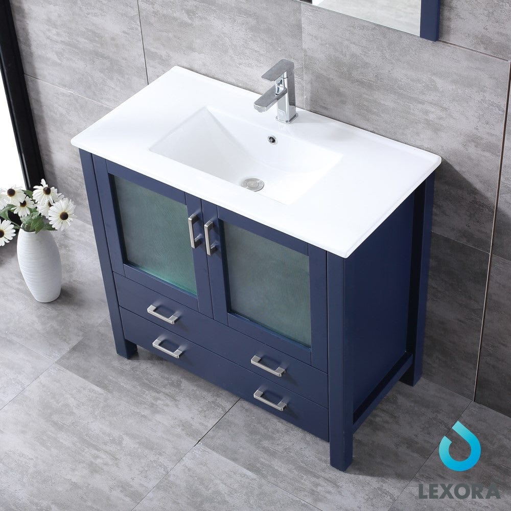 Lexora Volez 36" Navy Blue Single Vanity Set | Integrated Ceramic Top | White Ceramic Integrated Square Sink | 34" Mirror