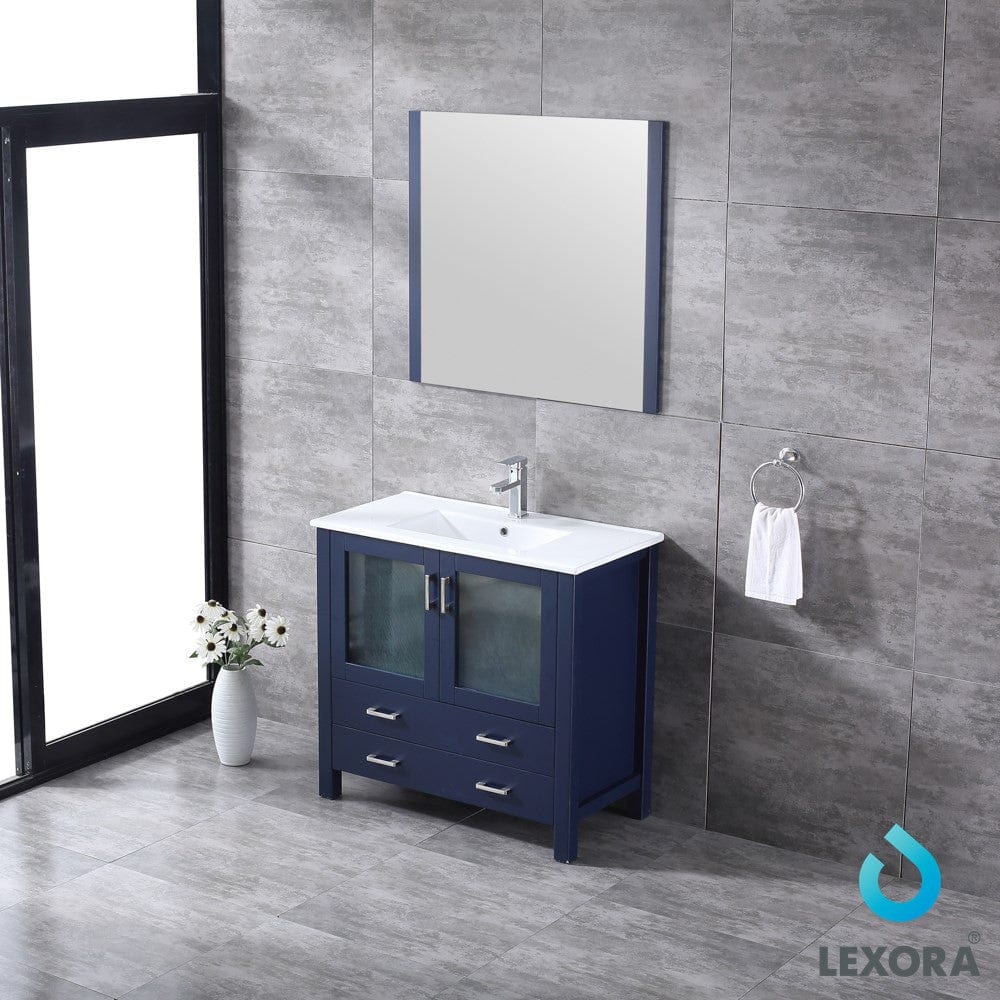 Lexora Volez 36" Navy Blue Single Vanity Set | Integrated Ceramic Top | White Ceramic Integrated Square Sink | 34" Mirror