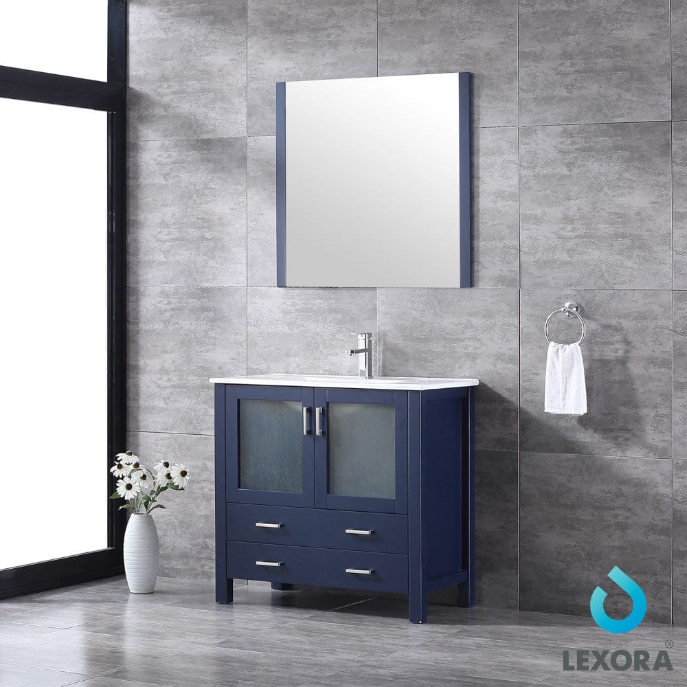 Lexora Volez 36" Navy Blue Single Vanity Set | Integrated Ceramic Top | White Ceramic Integrated Square Sink | 34" Mirror