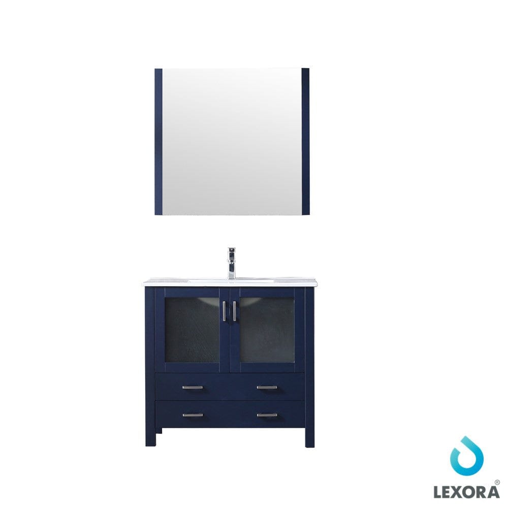 Lexora Volez 36" Navy Blue Single Vanity Set | Integrated Ceramic Top | White Ceramic Integrated Square Sink | 34" Mirror