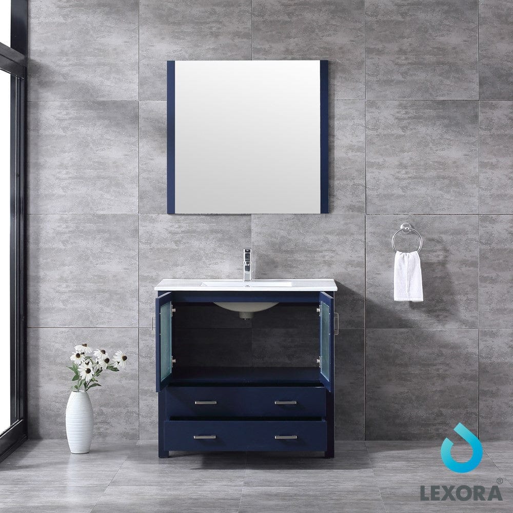 Lexora Volez 36" Navy Blue Single Vanity Set | Integrated Ceramic Top | White Ceramic Integrated Square Sink | 34" Mirror