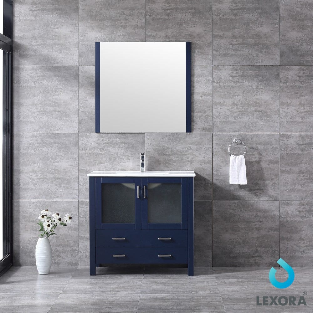 Lexora Volez 36" Navy Blue Single Vanity Set | Integrated Ceramic Top | White Ceramic Integrated Square Sink | 34" Mirror