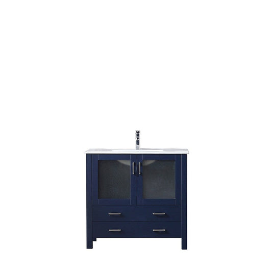 Lexora Vanities Lexora Volez 36" Navy Blue Single Vanity Set | Integrated Ceramic Top | White Ceramic Integrated Square Sink | No Mirror