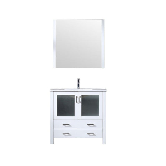 Lexora Volez 36" White Single Vanity Set | Integrated Ceramic Top | White Ceramic Integrated Square Sink | 34" Mirror