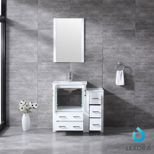 Lexora Volez 36" White Single Vanity Set | Side Cabinet | Integrated Top | White Integrated Square Sink | 22" Mirror