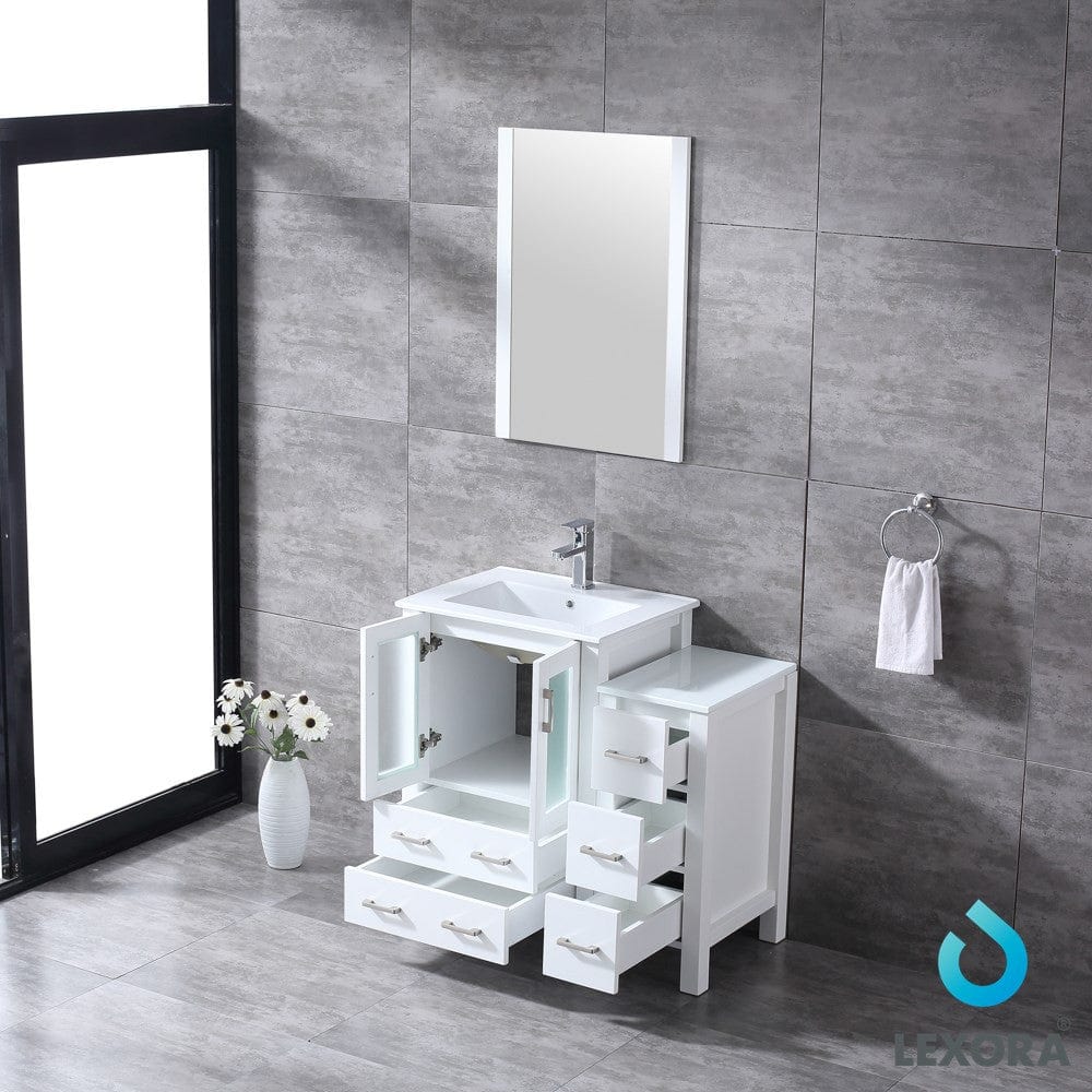 Lexora Volez 36" White Single Vanity Set | Side Cabinet | Integrated Top | White Integrated Square Sink | 22" Mirror