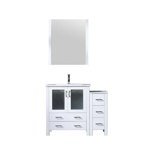 Lexora Volez 42" White Single Vanity Set | Side Cabinet | Integrated Top | White Integrated Square Sink | 28" Mirror