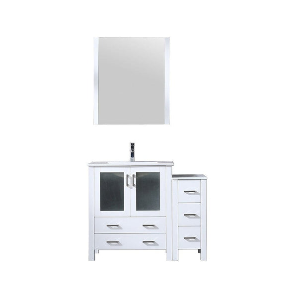 Lexora Volez 42 White Single Vanity Set | Side Cabinet | Integrated Top | White Integrated Square Sink | 28 Mirror
