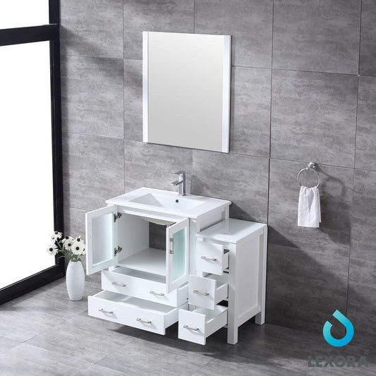 Lexora Volez 42" White Single Vanity Set | Side Cabinet | Integrated Top | White Integrated Square Sink | 28" Mirror