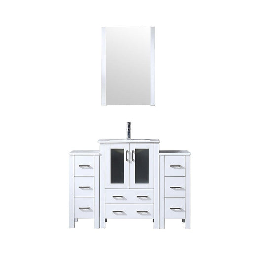 Lexora Volez 48" White Single Vanity Set | 2 Side Cabinets | Integrated Top | White Integrated Square Sink | 22" Mirror