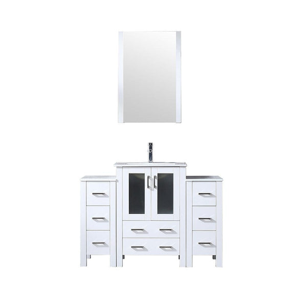 Lexora Volez 48 White Single Vanity Set | 2 Side Cabinets | Integrated Top | White Integrated Square Sink | 22 Mirror