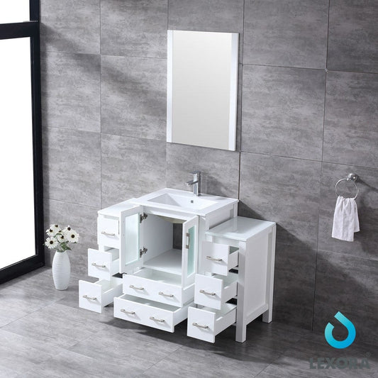 Lexora Volez 48" White Single Vanity Set | 2 Side Cabinets | Integrated Top | White Integrated Square Sink | 22" Mirror